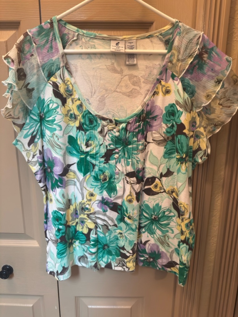 Caribbean Joe Floral Short Sleeve Scoop Neck Top in Teal, Yellow & Lavender